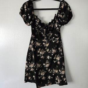 Shein Black Floral Puff-Sleeve Mini Dress